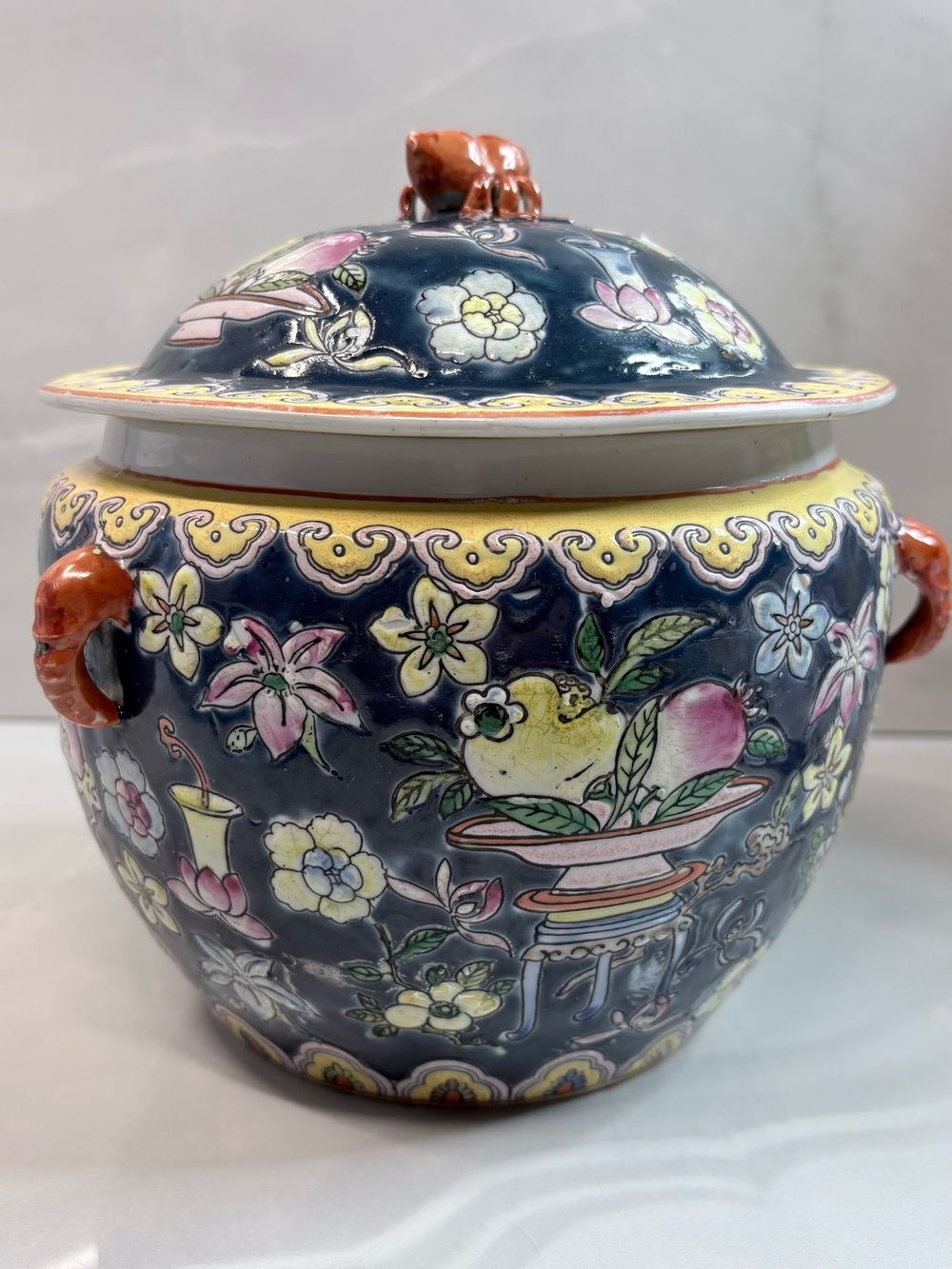 Vintage Chinoiserie Porcelain Ginger Jar Cobalt Blue Floral Lidded Jar